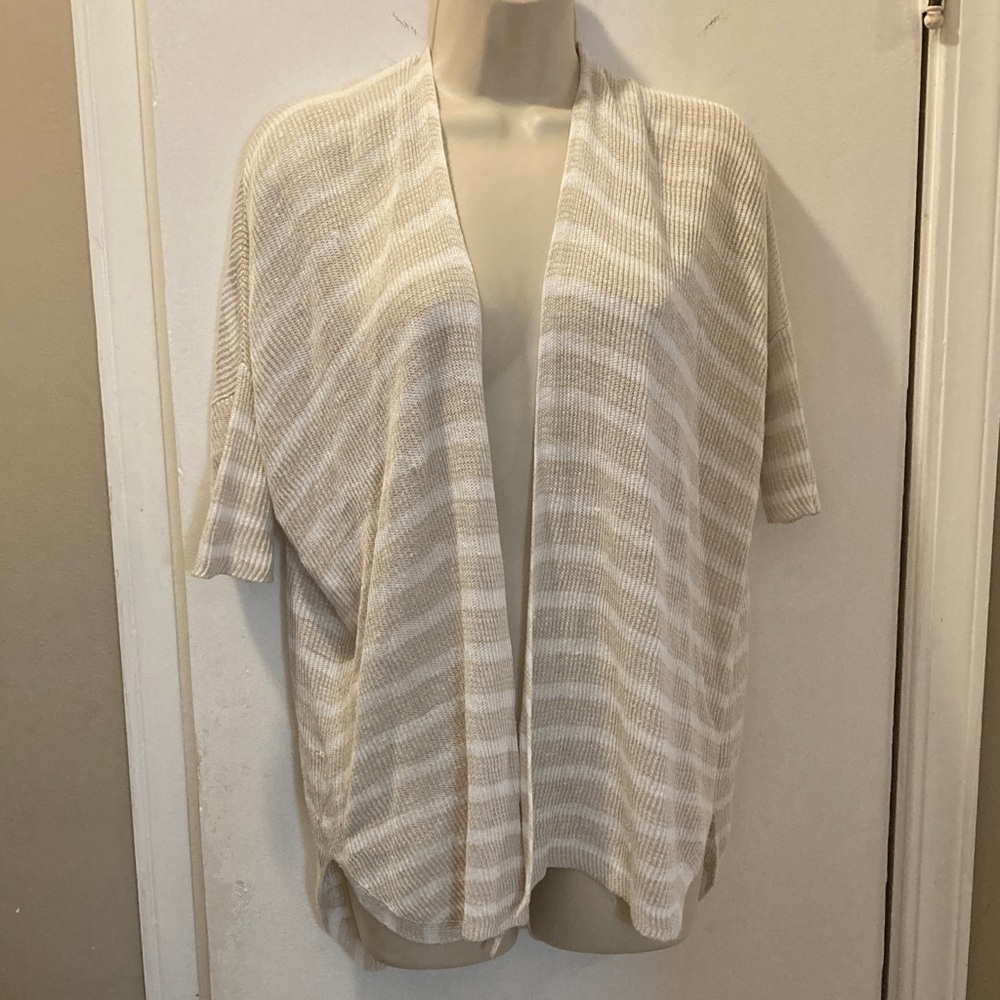 Eileen Fisher XXS/XS  Tan Cream Striped Linen Cardigan 25-397-7